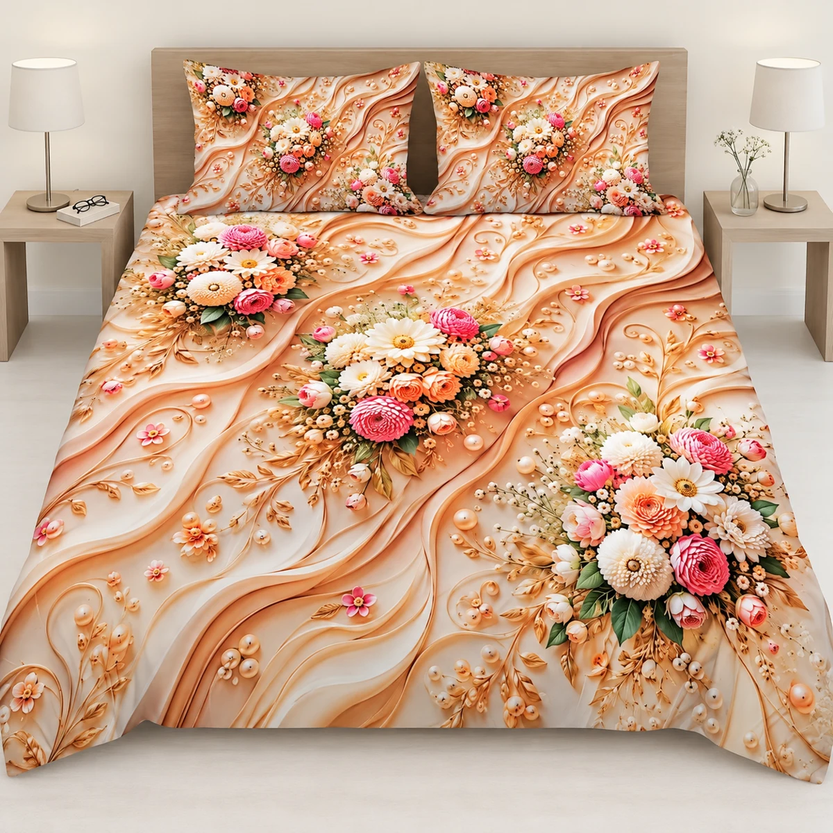 3D Bedsheet- D28 Peach Bouquet